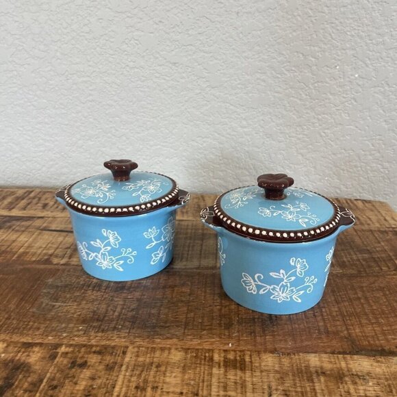 Set of 2 Temp-tations by Tara blue Floral Lace ramekins with lids 8oz Round - Picture 5 of 9